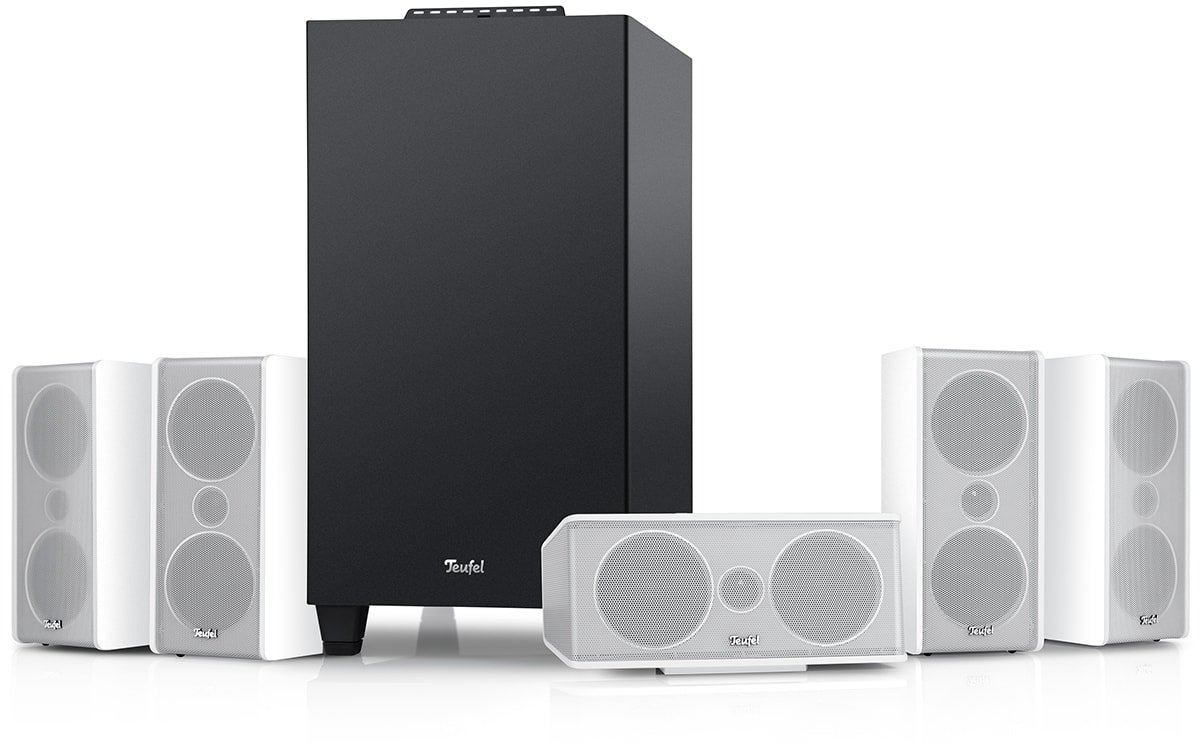 Teufel CONSONO 35 Concept - 5.1 surround sound-systeem, compleet thuisbioscoopsysteem met geïntegreerde AV-receiver, Bluetooth, Dolby Audio, USB-C-geluidskaartfunctie, HDMI ARC CEC voor games, films en muziek - wit