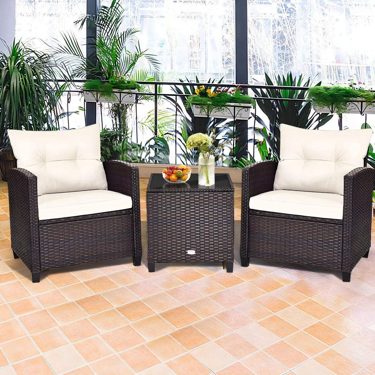 3-delige Rotan Tuinmeubelset met Tafel en Kussens – Balkon Loungeset voor 2 Personen – Weerbestendig Polyrotan – Stoelen 67x67x76 cm & Tafel 50x50x50 cm – Luxe Zitgroep voor Tuin, Balkon & Terras – Altameubel