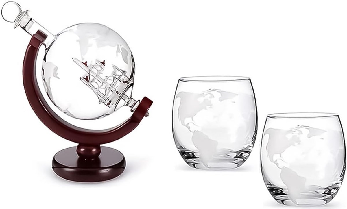 MK Stoer -Whiskey Globe Karaf met glazen set - Whiskey - Globe karaf - Schip - Whisky - Wodka - Cadeauset met karaf en glazen - Geschikt voor thuis - Transparant