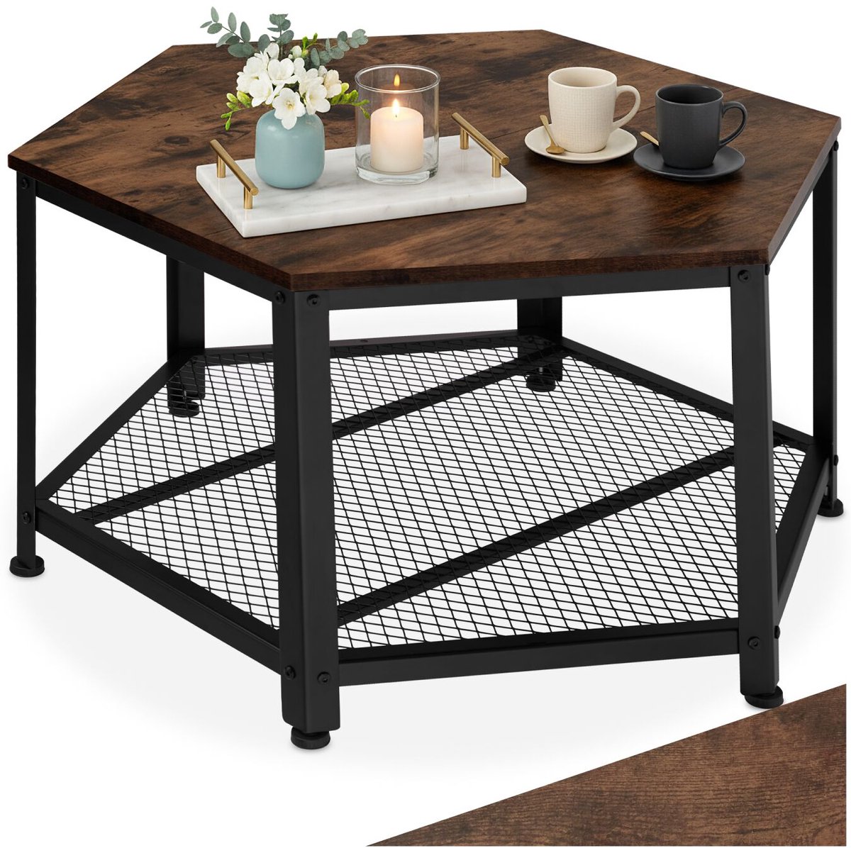 tectake® Salontafel met roosterplank - 6-hoekige tafel - Woonkamertafel met opbergruimte - Industrieel design - Zwart metalen frame - Afmeting (LxBxH) 86,5 x 75 x 46,5 cm - Donkerbruin