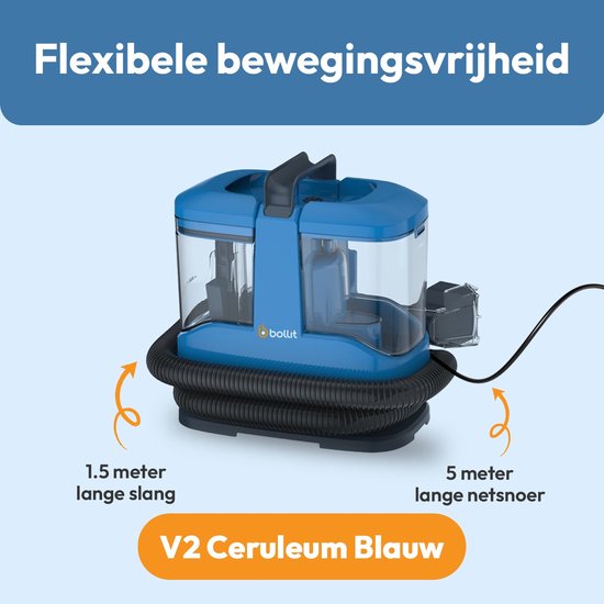 Blauwe vlekkenreiniger met 1.5 meter slang en 5 meter snoer.