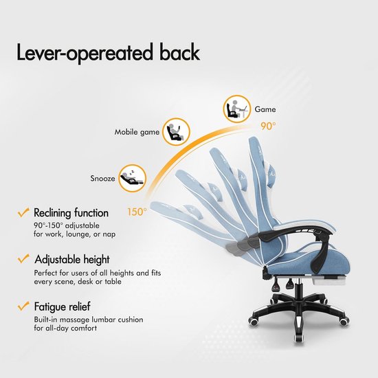 Gamingstoel Met Massage Functie en Ergonomisch Ontwerp, Verstelbare Draaistoel voor Gamers, Blauw — afbeelding 5