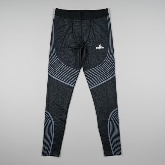 Zwarte legging met ruitpatroon, grijze lijnen aan de zijkant en het Delta Fit logo.