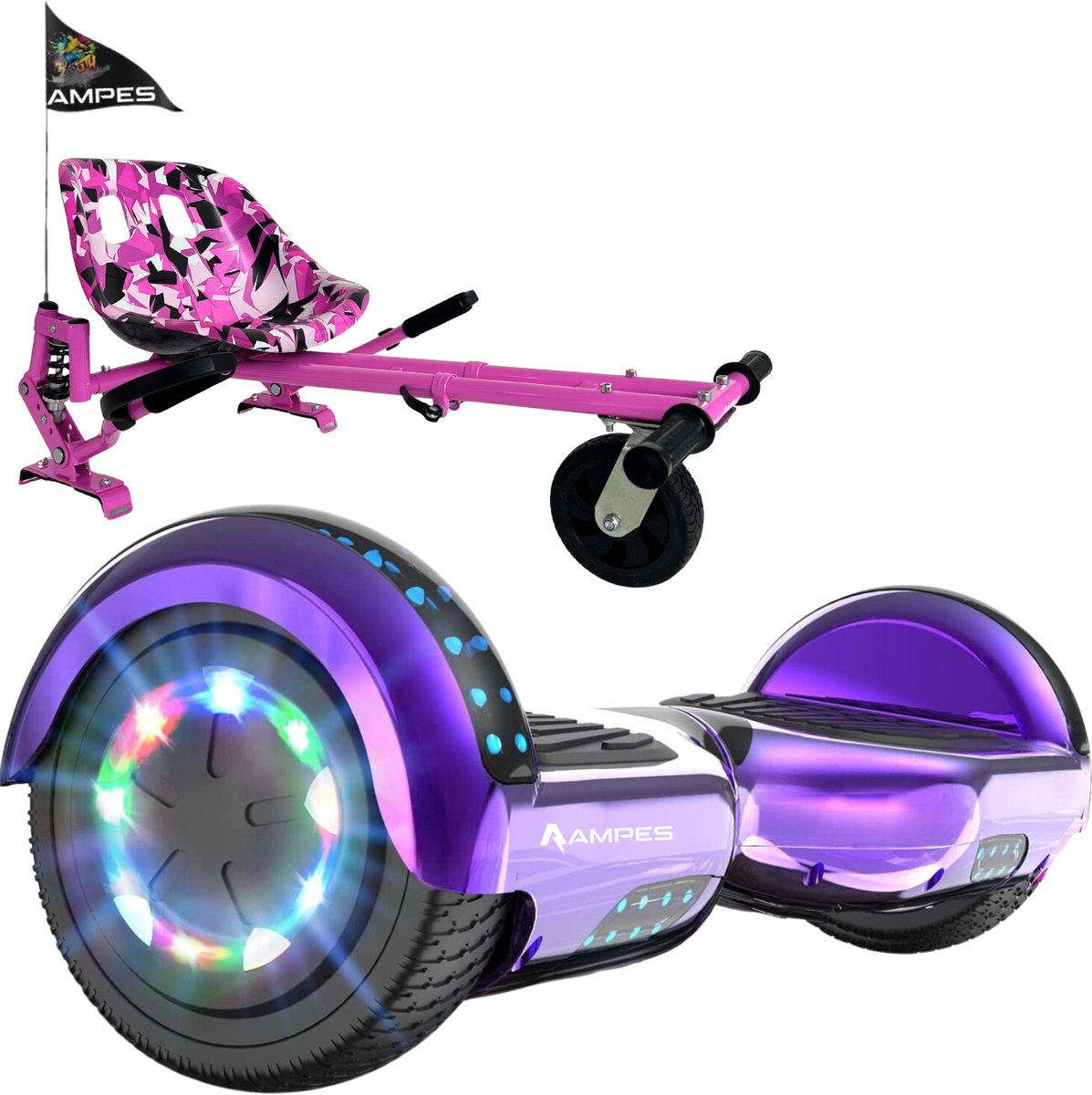 Ampes Hoverboard - Bluetooth Speaker - 24V 4.0 Ah Accu - 12 km/h - UL2272 Gecertificeerd - LED Verlichting - Anti lek banden - Belastbaar tot 120KG - 6.5 Inch - Inclusief Draagtas - 700W Wielen - Paars + Hoverkart Vering Roze