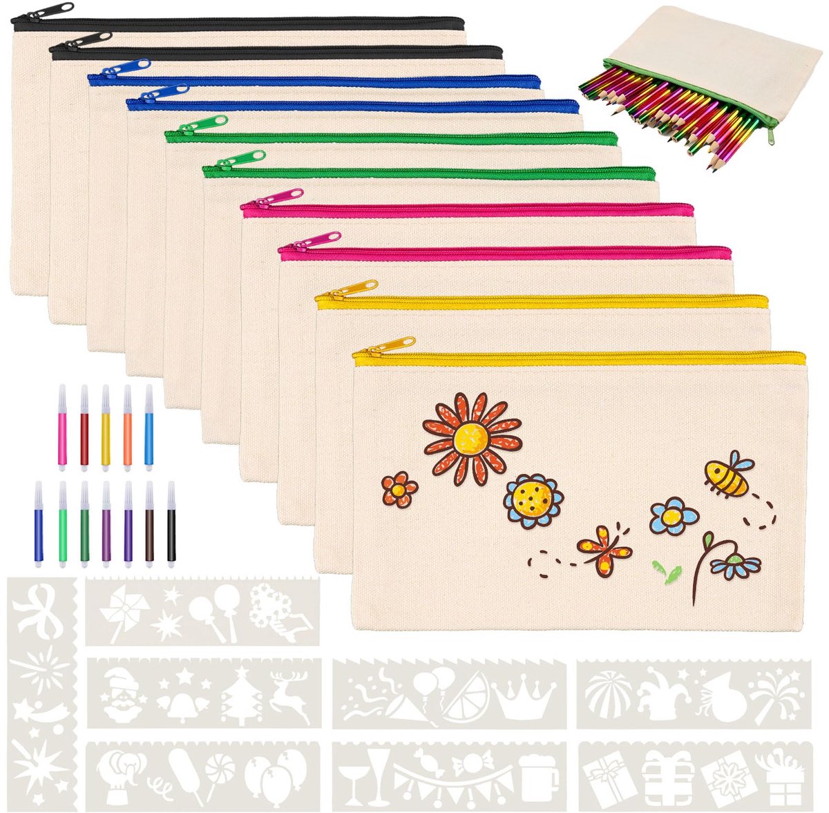IMPERATORIS® Etui/Pennenzak - Voor Jongens, Meisjes en Kinderen - Voor School Spullen - 21 x 12 x 12 cm - 10 blanco etuis - 12 kleurpotloden en - 8 schilderpatronen