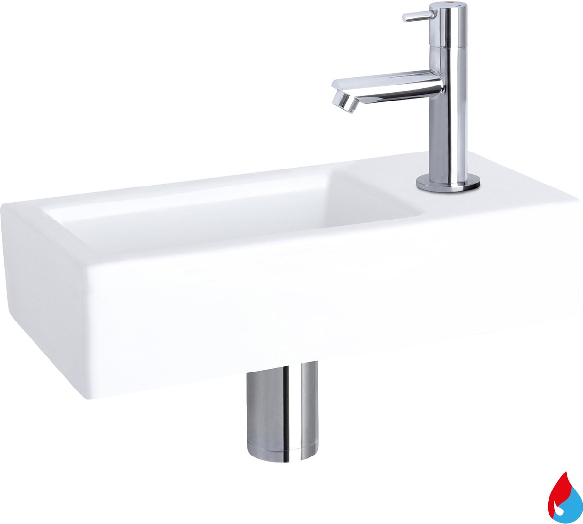 Differnz Helios fonteinset - keramiek wit - warm/koud kraan recht chroom - kraan rechts - always open afvoerplug - 37.5 x 18.5 x 9 cm