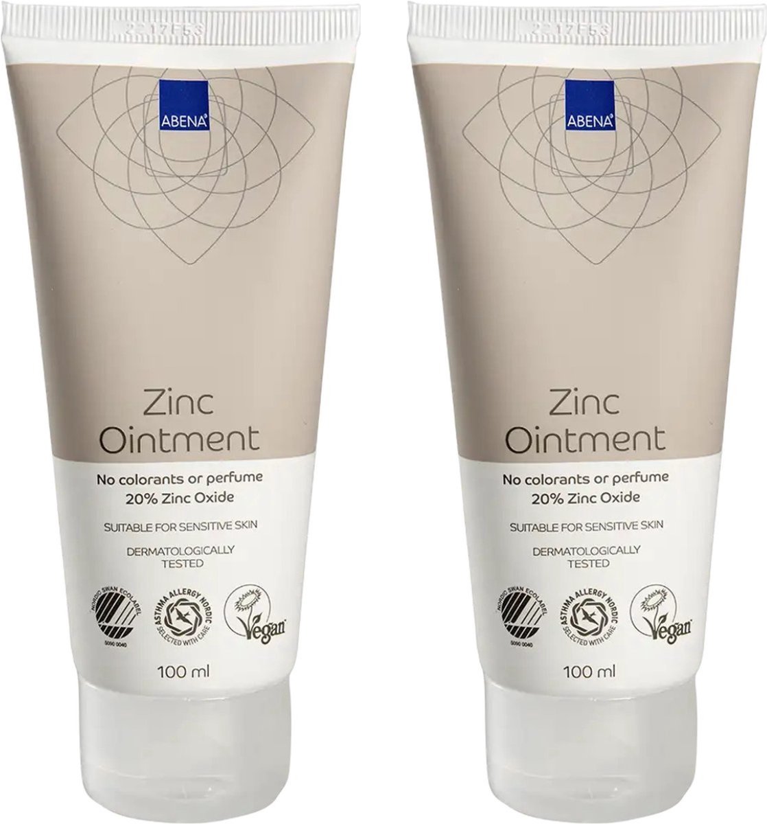 Abena Zinkzalf Voordeelverpakking - Ongeparfumeerd - 2 x 100 ml - 20% Zinkoxide - Zinkzalf Tube voor Volwassenen - Vegan