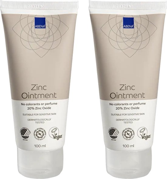 Twee tubes ABENA Zinkzalf, 100 ml. Geurloos, 20% zinkoxide, geschikt voor de gevoelige huid.