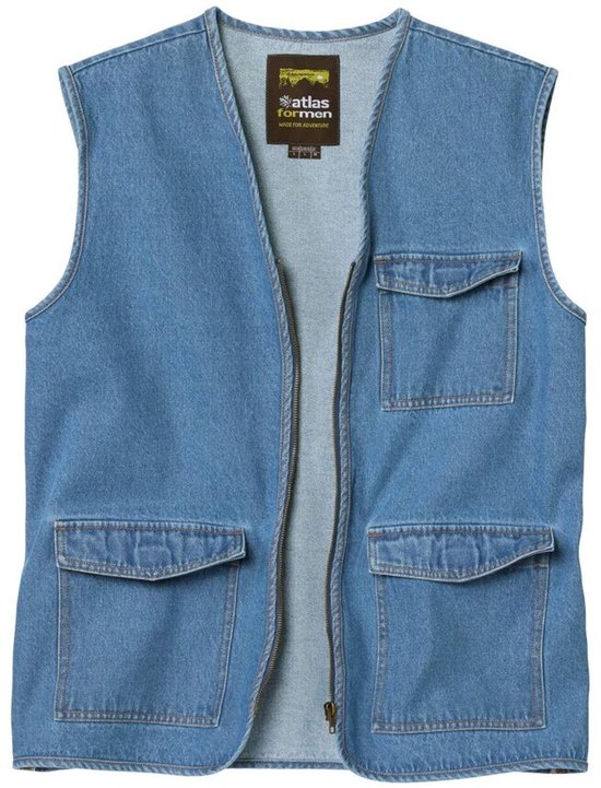 Blauwe denim bodywarmer met rits en vier opgestikte borstzakken. Het label 'Atlas For Men' is zichtbaar aan de binnenkant.