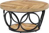 Ronde salontafel met houten blad met visgraatmotief en zwart metalen frame met decoratieve cirkels en een extra laag.
