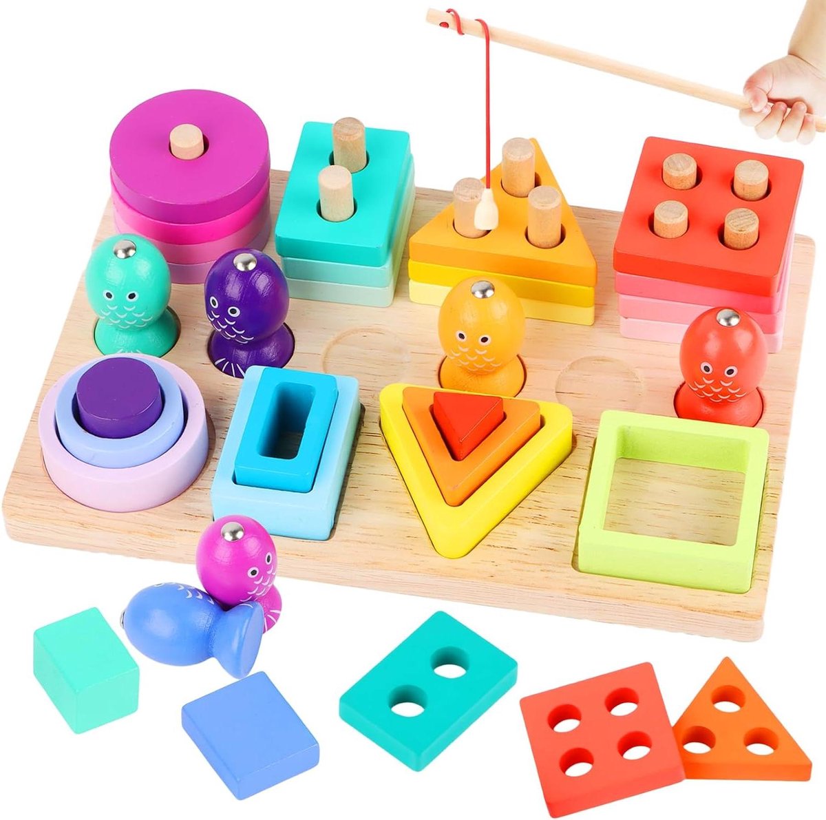 Provento - Montessori Speelgoed voor 1, 2, 3 jaar: houten sorteer- en stapelspeelgoed, steekpuzzel, vormsorterpuzzel, kleurherkenningsvorm, visspel, motoriekspeelgoed - peuters, jongens, meisjes.