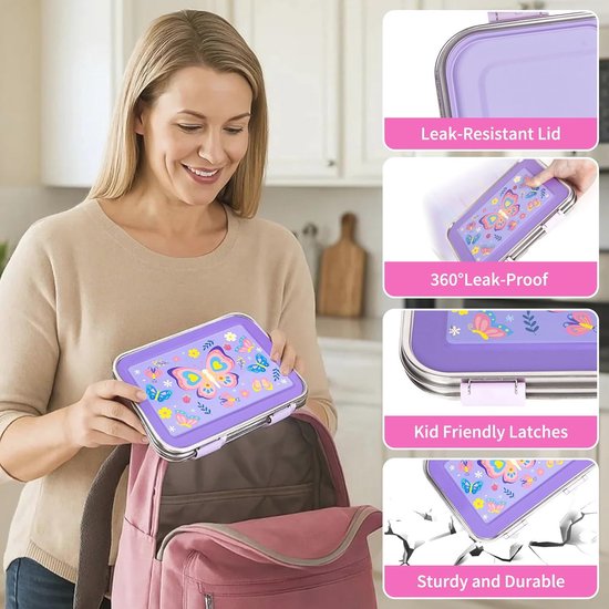 Roestvrijstalen Bento Box Kids 950ml - Lekvrije Broodtrommel met 3 Compartimenten — afbeelding 3