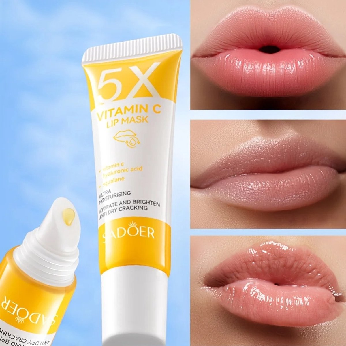 SADOER | Vitamine C + Hyaluronic + Squalane Lip Mask | Lippenbalsem | Hydraterend | Vochtinbrengend | Vermindert rimpels | Anti-aging | Lippenverzorging | Lipstick | Zachte lippen | Volle lippen | Glans | Droge lippen | Lippenstift | Lipbalsem