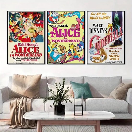 Ensemble de posters sur toile – Poster Disney – Alice in Wonderland – Cinderella – Films classiques – Affiches de films rétro – Kinderkamer – Décoration salon – Vintage art – Classiques du cinéma – Décoration murale Trendy