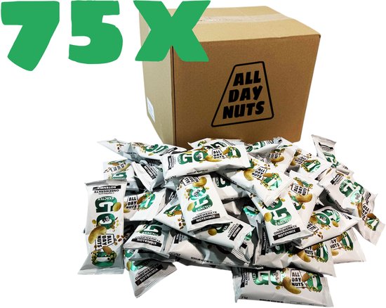 75x GO Energy repen, 'Exactly good' notenmix met cashewnoten en amandelen, naast een doos 'All Day Nuts'.