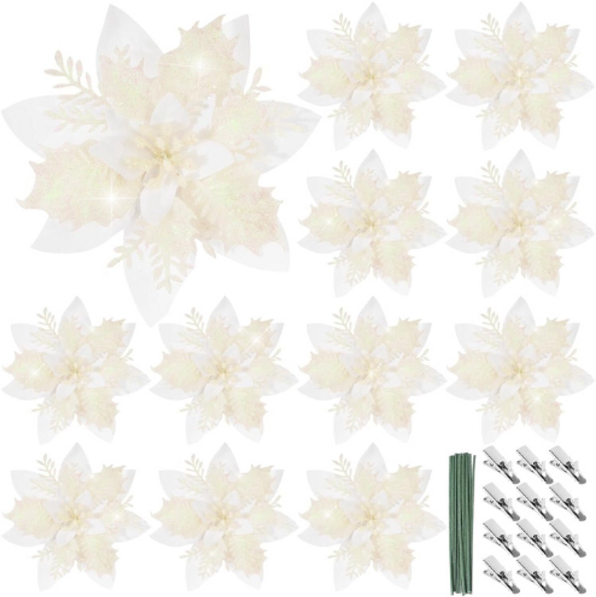 BOG Set Van 12 Glanzende Poinsettia Kunstbloemen 14.5cm – Grote Kerstbloemen Met Clipstelen – Voor Kerstboom Kransen Feestdecoratie – Wit
