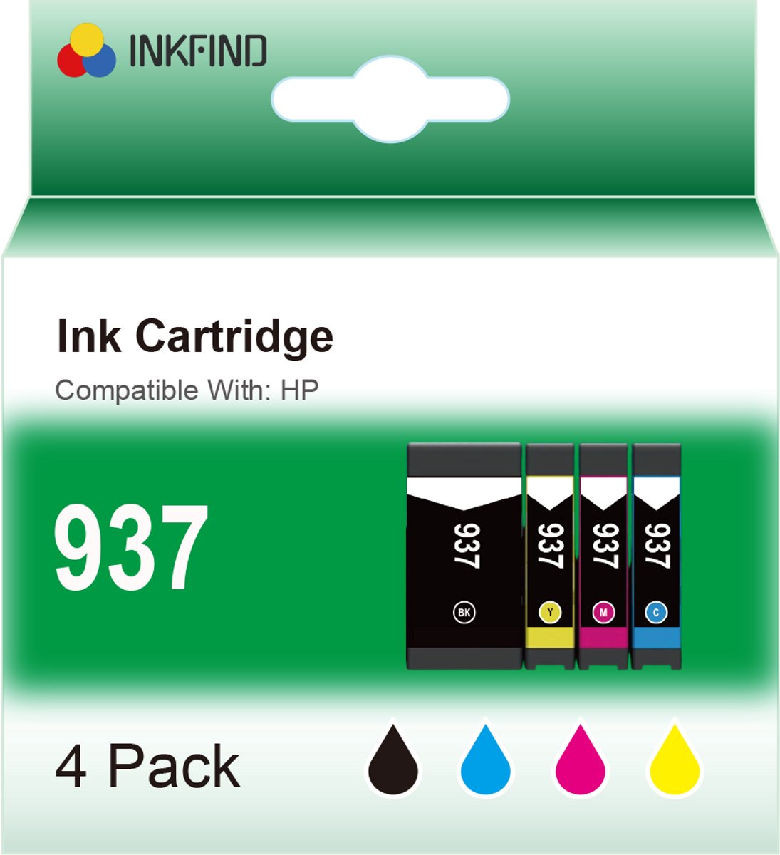 INKFIND 937 Zwart/Cyaan/Magenta/Geel inktcartridge compatibel met HP 937 937e 6C400NE 4 Pack geschikt voor HP OfficeJet Pro 9730e; 9720e HP OfficeJet Pro 9122e; 9125e; 9110b; 9135e; 9130b; 9132e; 9120e; 9117b; 9120b - 4-pack Zwart/Cyaan/Magenta/Geel