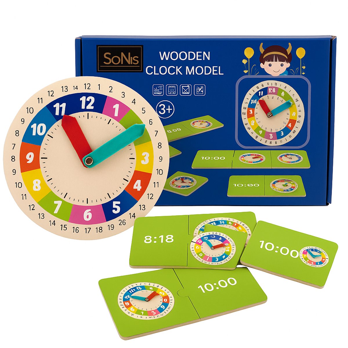 SoNis - Leren Klokkijken - Leerklok voor Kinderen - Rekenspel - Analoog en Digitaal - Educatief Speelgoed - Leerklok - Houten Klok - Educatieve Klok - Montessori