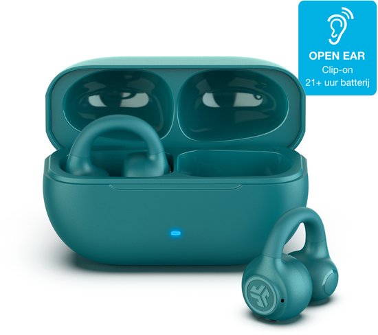 Turkooise oordopjes met clip-on ontwerp, in open laadstation. Blauw lampje brandt.