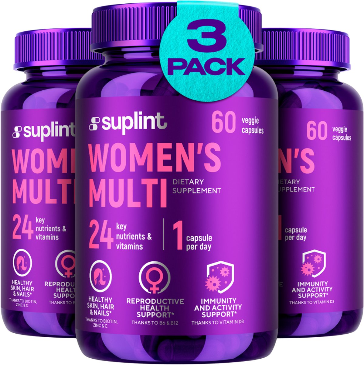 Multi Women - Multivitaminen Vrouw - 24 Vitaminen + Mineralen - 3x 60 Capsules - Energie - Weerstand - Hormonale regulatie - Haar - Bevat o.a. vitamine B6, B12, C, IJzer - Suplint