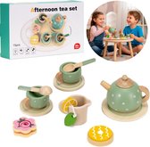 Springos ® Houten Theeservies - 13-delige Theeset met Theepot, Kopjes, Taartjes en Koekjes - Groen