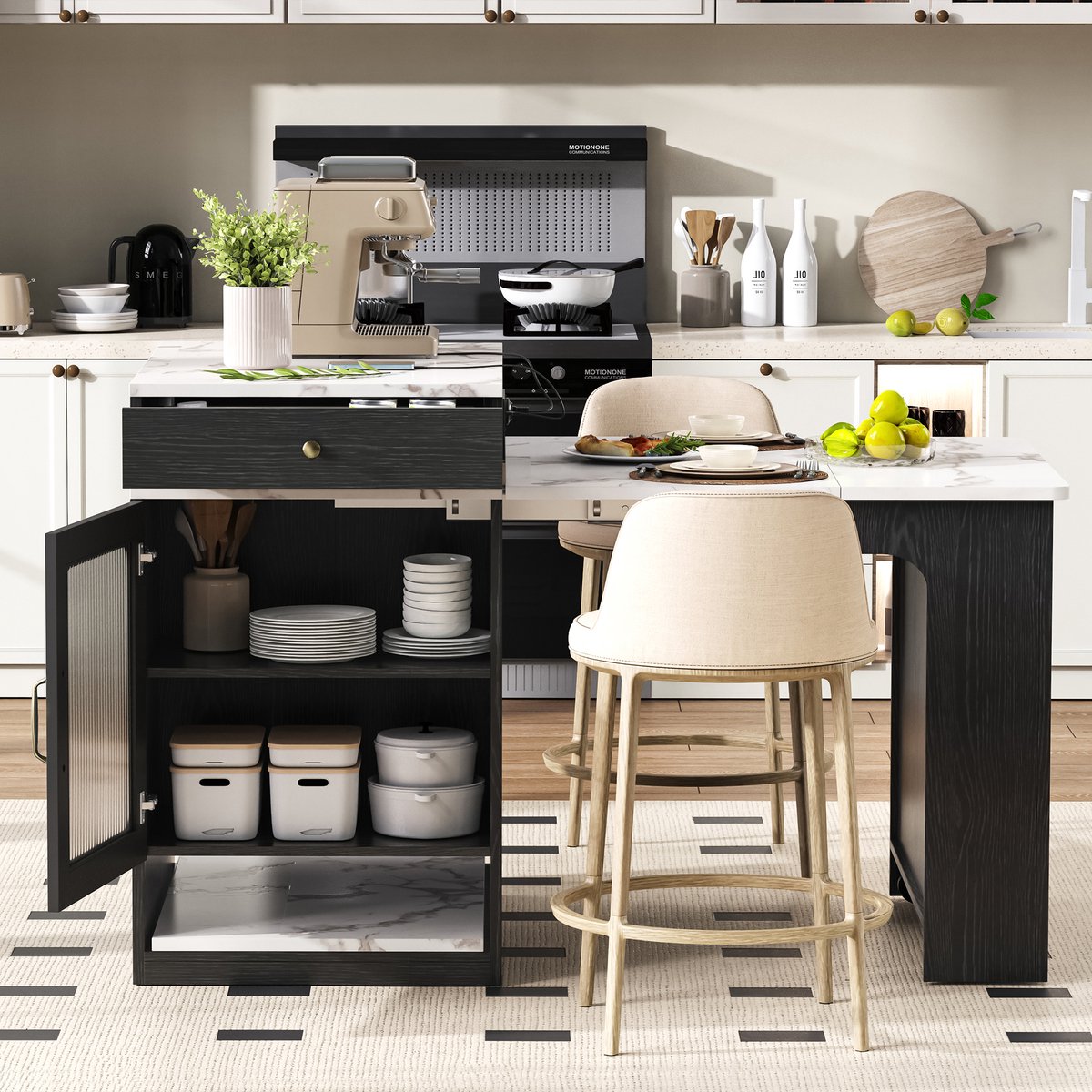 MODFU Uitklapbaar keukeneiland & bartafel met marmerlook blad, zwart hout, fluted glas en stopcontacten Wit+Zwart