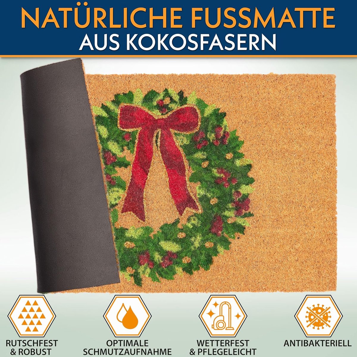 BRUBAKER Kerst Deurmat voor Buiten en Binnen - Kerstkrans met Strik - 45 x 75 cm Inkommat van 100% Kokos - Waterbestendig, Vuilafstotend en Slipvast - Ideaal voor de Voordeur, Tuin en Terras – foto 2