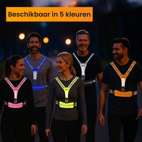 Vijf personen, mannen en vrouwen, dragen R2B hardloopvesten in verschillende kleuren (neongeel, blauw, roze, oranje) met reflecterende strepen.