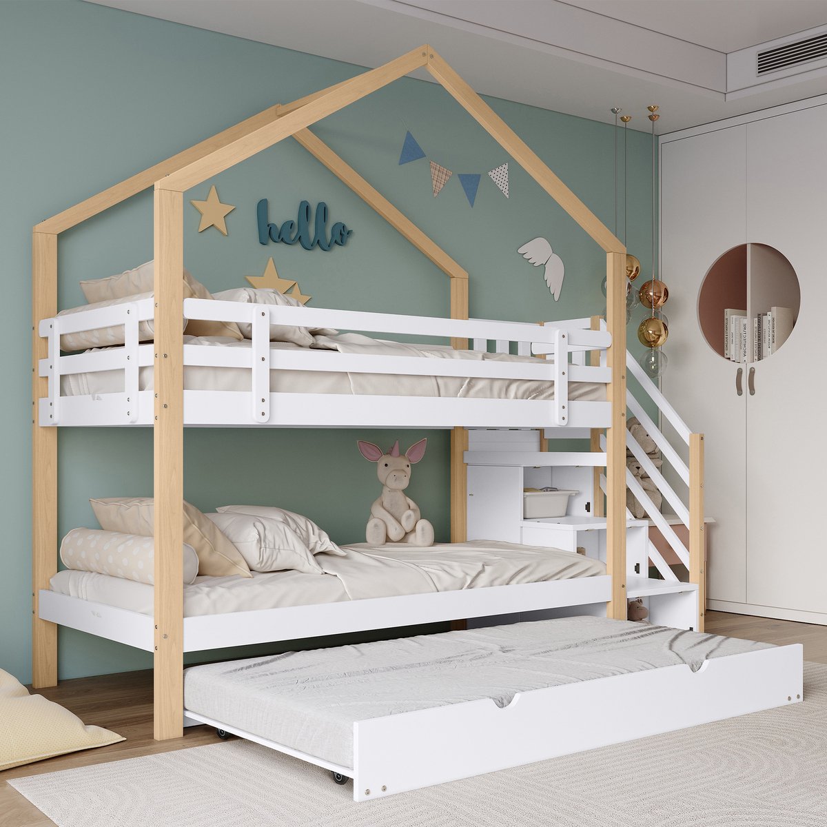 Wishdor Boomhut Stapelbed 90x200 cm - Uitschuifbed & Dak - Trap Met 4 Lades - Wit/Naturel Hout - Flexibel & Knus