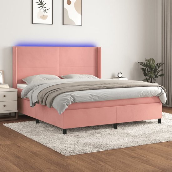 vidaXL-Boxspring-met-matras-en-LED-fluweel-roze-160x200-cm