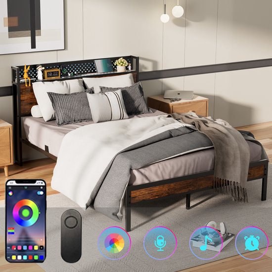 Auralum MAX Metalen Bed 140x200 cm - Tweepersoonsbed - Met Lattenbodem - Bedframe met Led Verlichting - Met Stopcontacten - USB -Type C - Eenvoudige Montage - Voor 2 personen