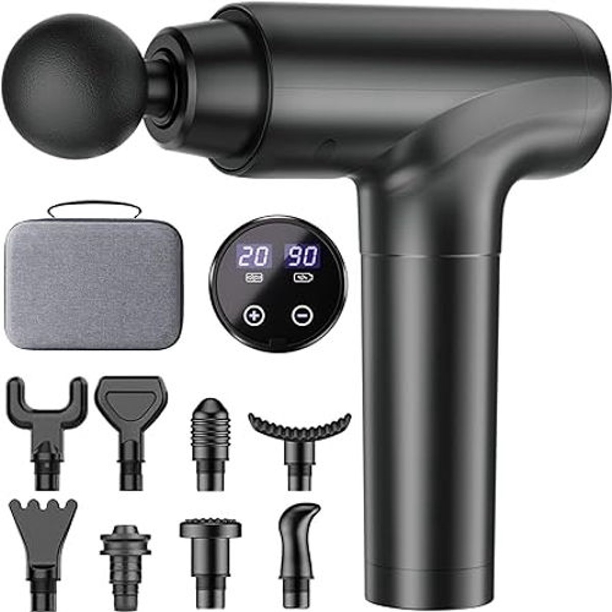 Massagepistool met LED-Touchscreen – 20 Snelheden – 9 Massagekoppen – Stil Percussie Massageapparaat – Inclusief Draagtas