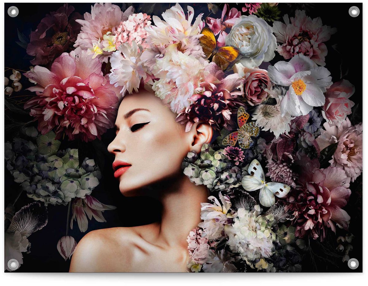 Tuinposter Vrouw met bloemenhoed - 60 x 80 - Canvas - REINDERS