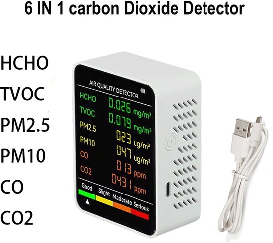 6-in-1 - Luchtkwaliteitsmonitor - HCHO, TVOC, PM2.5, PM10, CO, CO2 - Multifunctionele luchtkwaliteitsdetector - Koolstofdioxide- en formaldehyde-monitor - Groot LCD-scherm - Draagbaar - Luchtkwaliteitstester - Wit