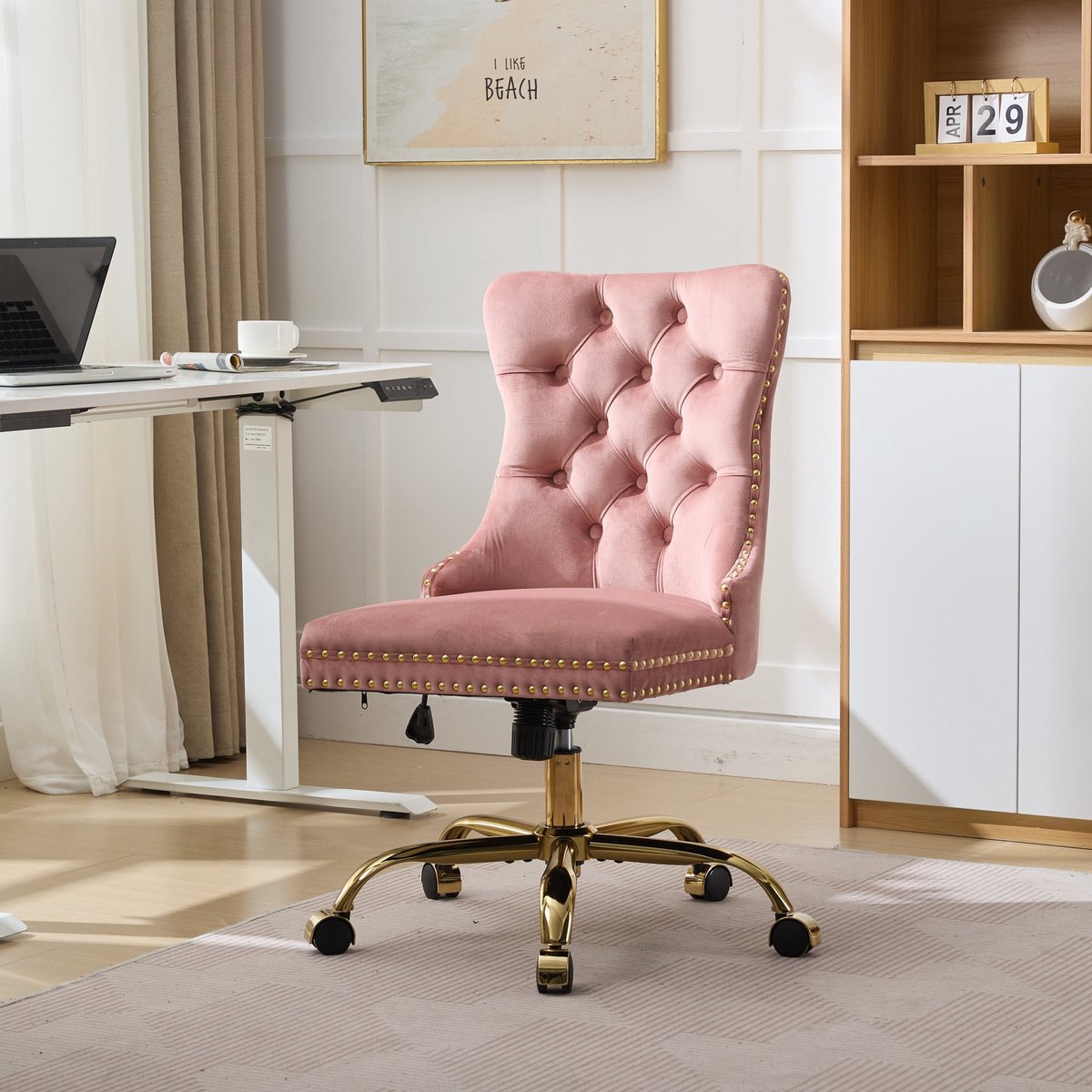 Sweiko Bureaustoel - Gewatteerde zitting - In hoogte verstelbaar - Velvet - Metalen frame - Roze