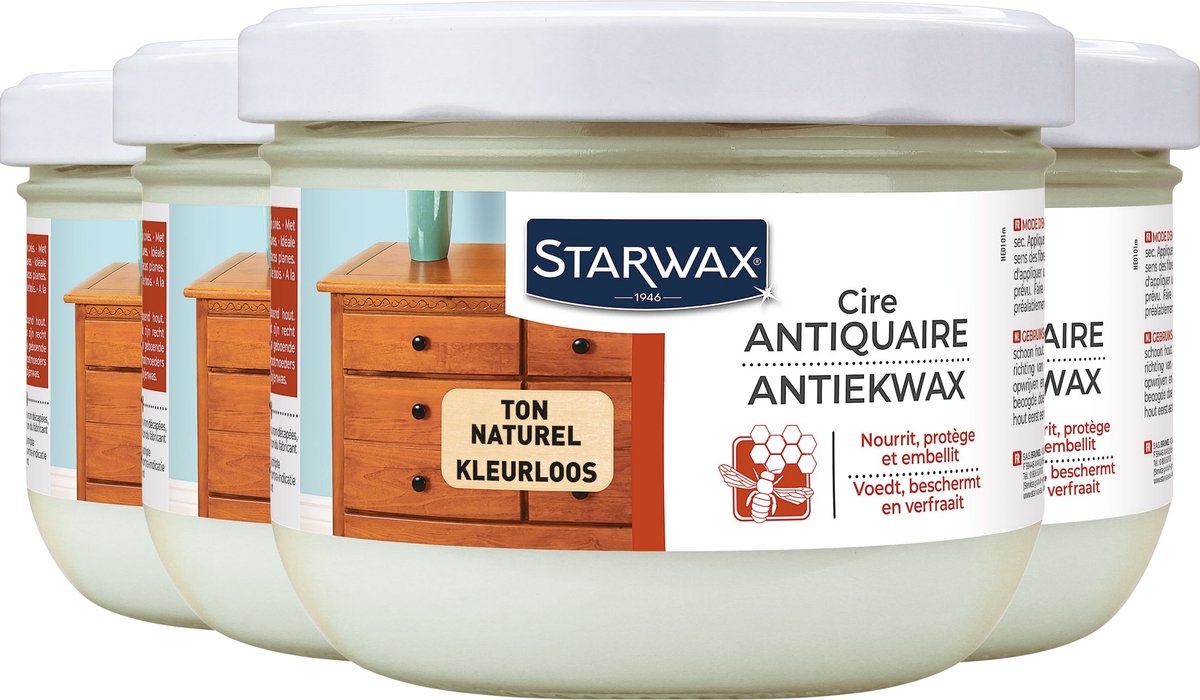 Starwax Vaste Antiquaire Boenwas - Kleurloos - 4x 375ml - Ambachtelijke Boenwaspasta - Transparante Glans & Bescherming - Inhoud: 375ml - LxBxH: 10,5x10,5x8,1cm