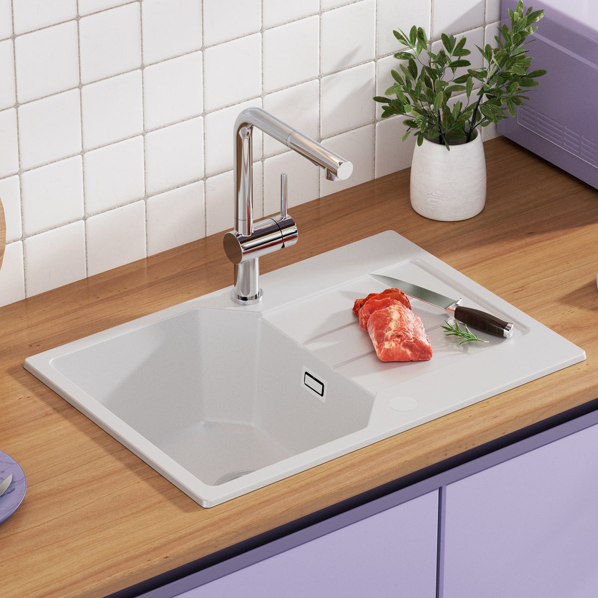 Anycee MAX Spoelbak Keuken 65x45CM - Granieten Spoelbak Wit - Wasbak Keuken - Spoelbakken Keuken Met Kraangat - Met Druiprek en Sifon