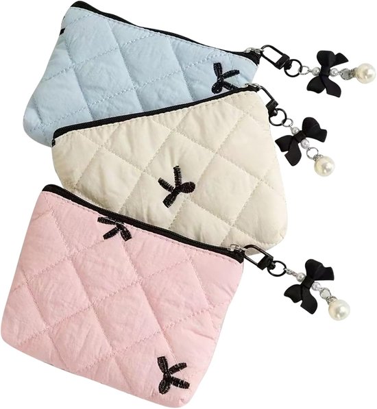Set van 3 Mini Makeup Tassen Kleine Cosmetische Tasjes voor Handtas - Draagbare Toilettas met Metalen Rits Opvallende Parel Hanger voor Vrouwen in Meisjes - Organizer voor Lippenstift Kwastjes in Accessoires