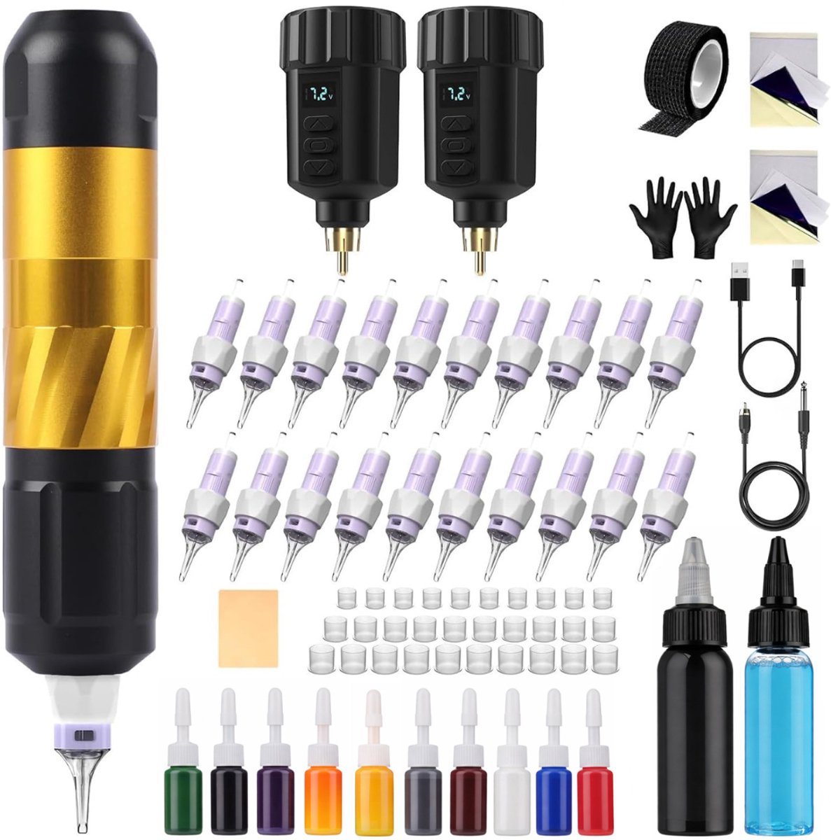 Tattoo Machine met Accessoires - Tattoo kit Draadloos - Complete Set - Zwart en Goud