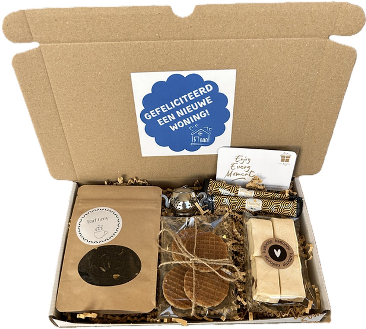 Nieuwe woning thee brievenbus cadeau - verhuisd - theezeefje - nougat - honing - stroopwafels