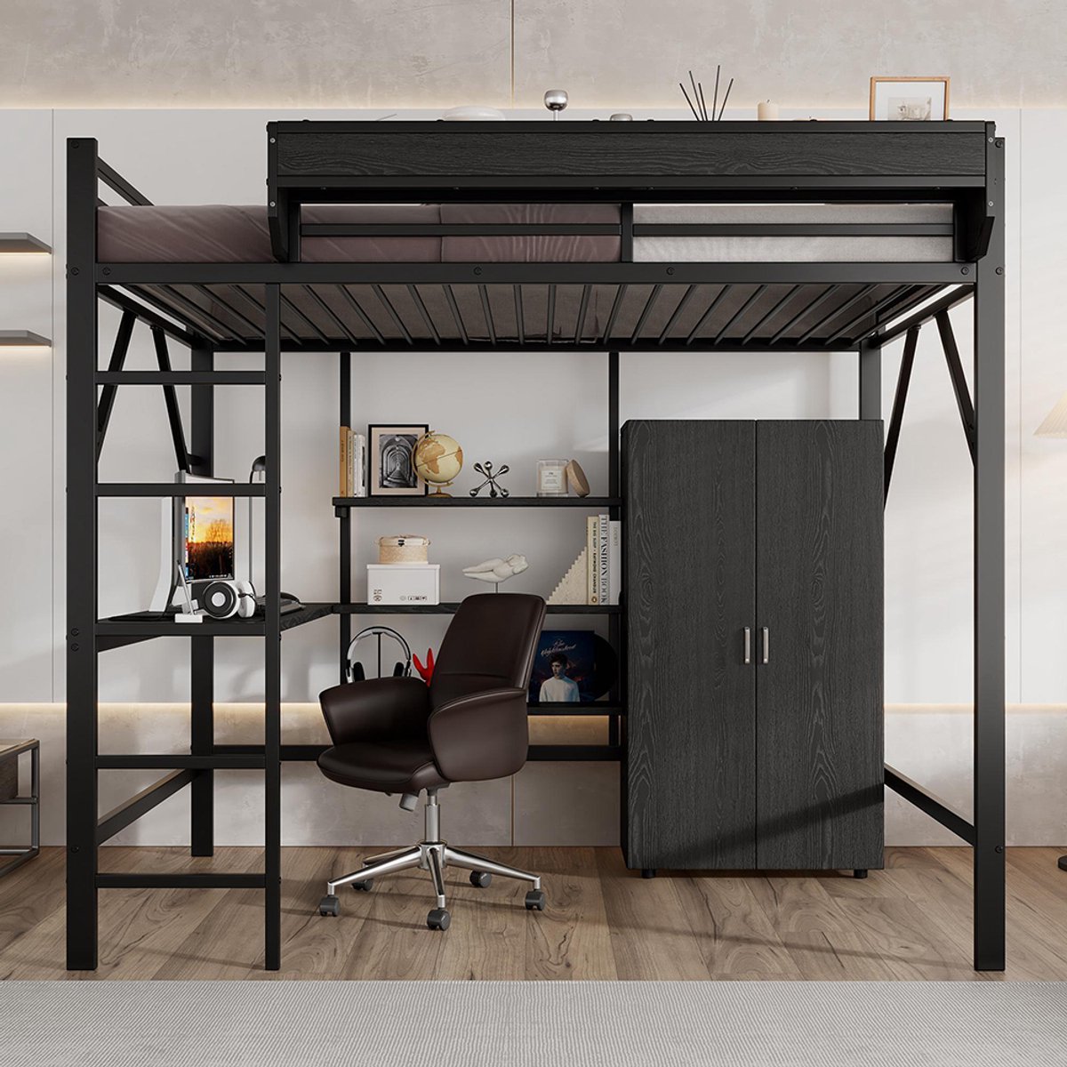 KOMHTOM IJzeren bed, hoogslaper, opbergruimte op twee niveaus onder het bureau, bovenbed met opbergruimte, met kast, ijzer + MDF, zwart, 140 x 200 cm