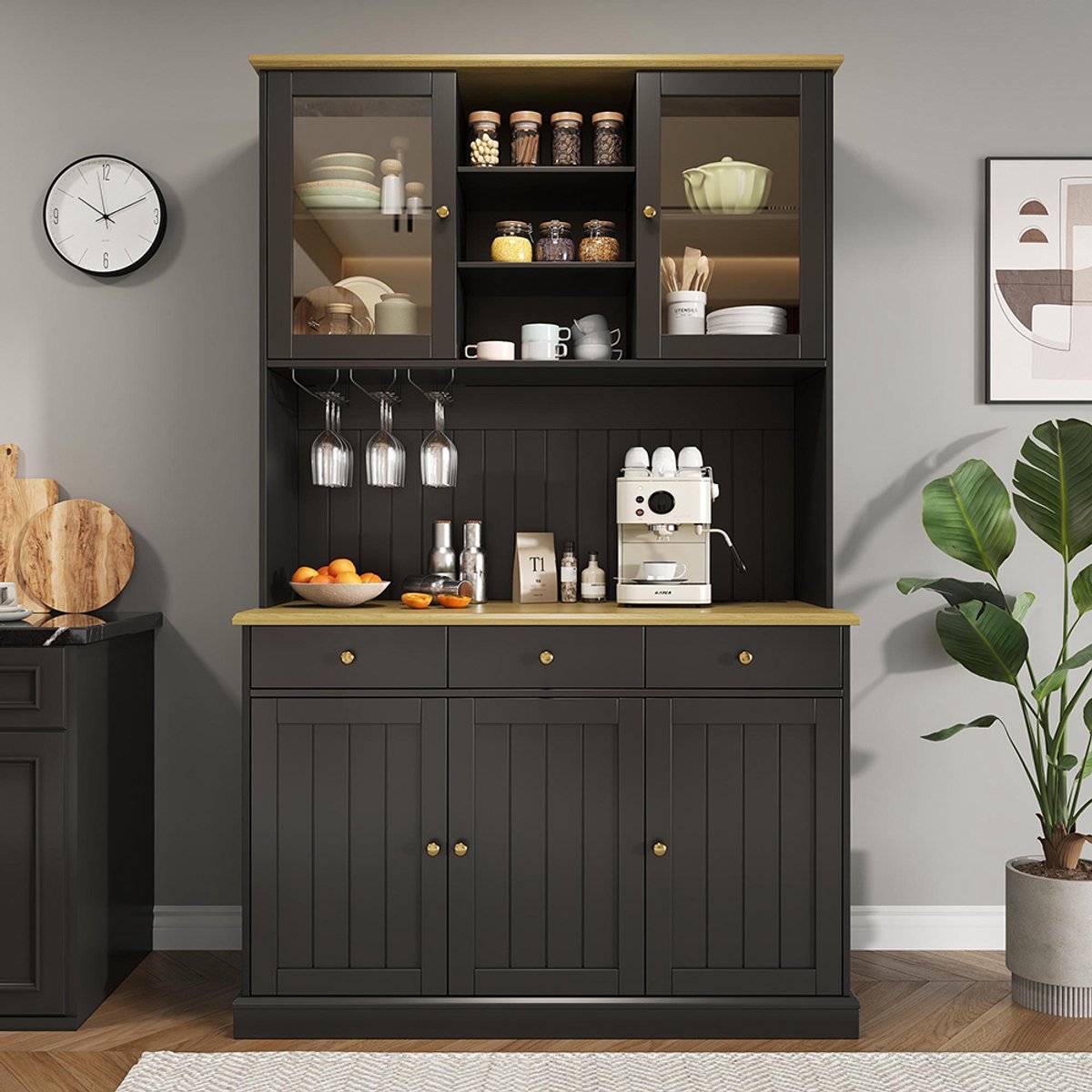 KOMHTOM BLACKCOLORS Buffetten, hoge eetkamerkast 120×40×191 cm, met glazen deuren, glazenhouder, opbergruimte met meerdere niveaus, ingebouwd stopcontact en USB-C- en USB-A-aansluitingen, zwarte en gouden handgrepen