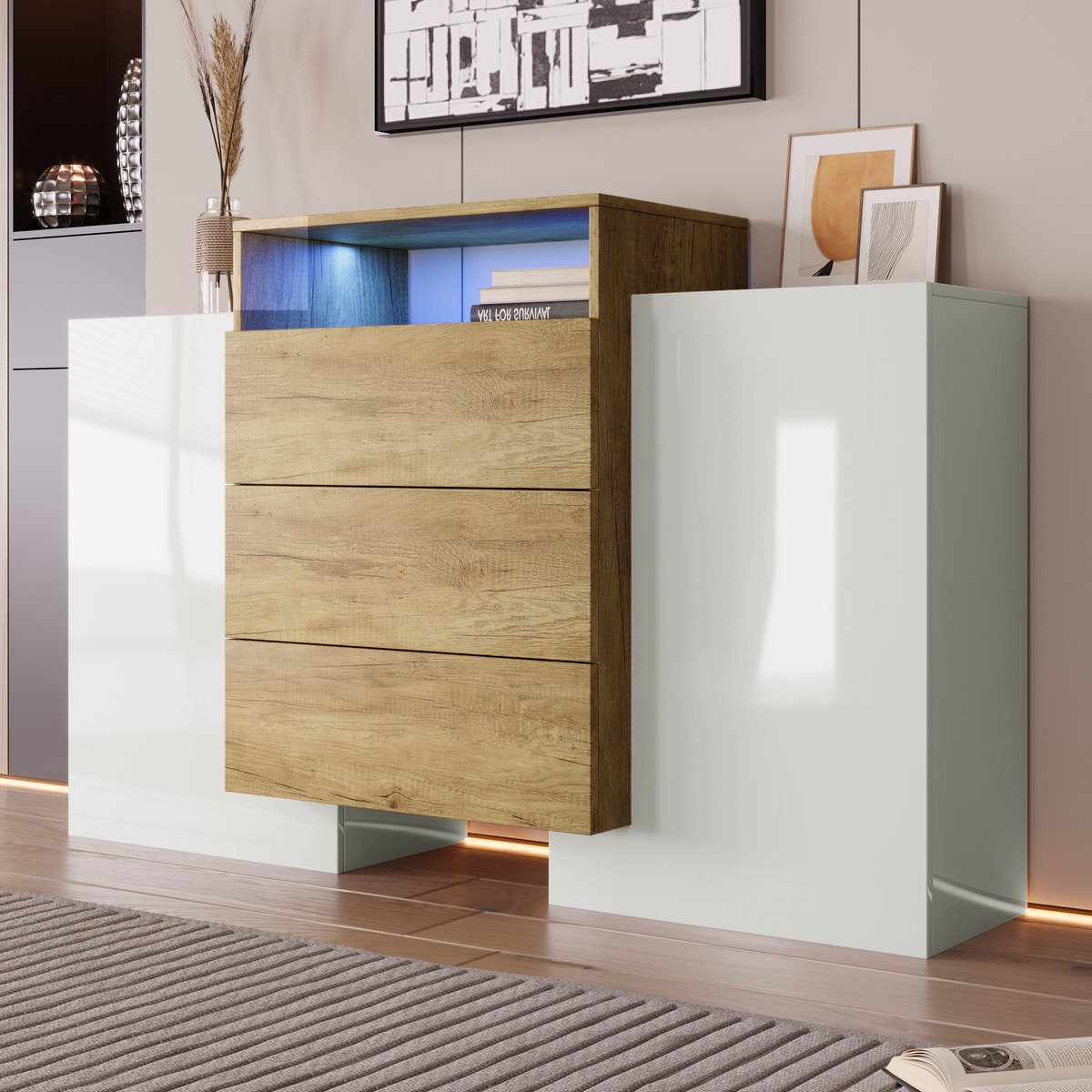 STILVORA Dressoir - Hoogglans Wit Met Houtaccent - 2 Deuren 3 Lades En Open Vak Met Instelbare Meerkleurige LED - Modern Voor Woonkamer - MDF - 140x30x77,5 cm - Lichtbruin