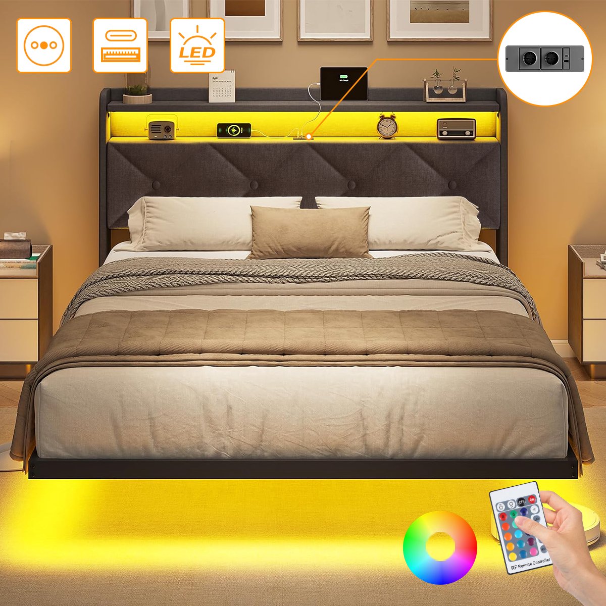 Mihtrov Tweepersoonsbed 140x190 cm - Heavy Duty Metalen Bedframe - Tienerbed - Jongerenbed - Jeugdbed - Zwevend Design - Met LED Verlichting - Stopcontacten - USB Poorten - Type C - Hoofdbord met Opbergruimte - Donkergrijs Linnen Zwart -Zwevende Bed