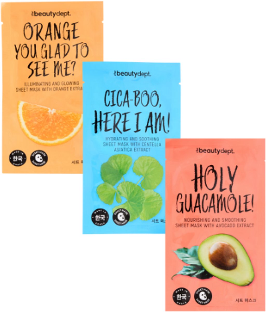 The Beauty Dept. Sheet mask - Koreaanse Gezichtsmasker - Set van 3 | 3x 20ml - Sinaasappel - Avocado - Cica | Korean Beauty Sheetmask - Hydraterend - Verzachtend - Herstellend
