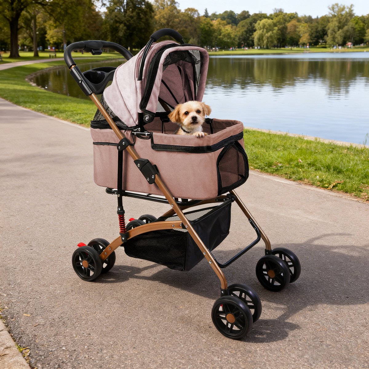 PIPIPOXER-Hondenwagen Opvouwbare hondenbuggy voor honden en katten tot 20 kg met opbergmand Buggy, kaki
