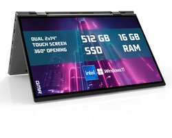 GMR - DUAL YOGA 360° Laptop - 2 x 14 Inch 2.2K Dual Touchscreen + Toetsenbord Cover - Intel N100 - 16GB DDR4 RAM - 512GB SSD - Windows 11 voor Thuis, Office en Studie Notebook