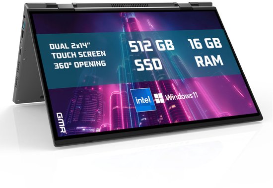 GMR - DUAL YOGA 360° Laptop - 2 x 14 Inch 2.2K Dual Touchscreen + Stylus en Toetsenbord - Intel N100 - 16GB DDR4 RAM - 512GB SSD - Windows 11 voor Thuis, Office en Studie Notebook - GMR - Hoofdafbeelding