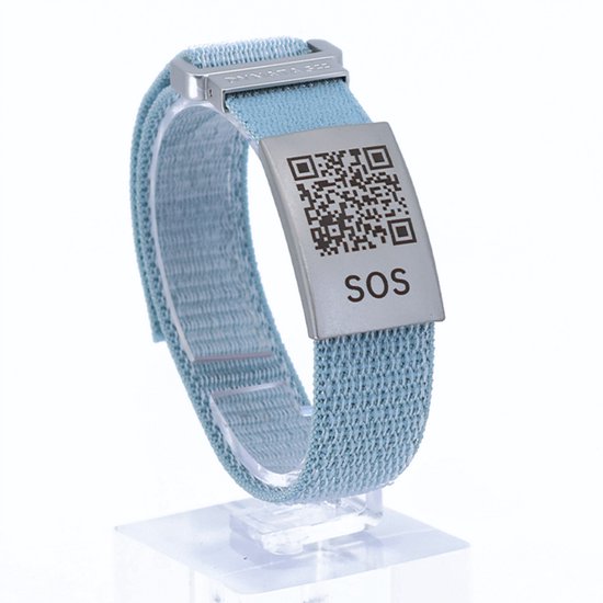 DynaTag SOS Armband Medische Armband met QR-code - Textiel Lichtblauw - Volwassenen en Kinderen