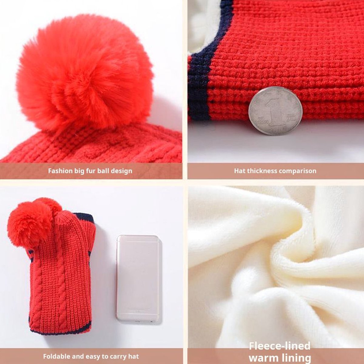 Muts - Kindermuts - Winter Muts - Gebreide wintermuts - Sjaalset - Muts 3-in-1 - Warme mutsen voor jongens en meisjes van 3 tot 6 jaar - Sjaal met schuifkap - Gebreide muts met pompon - Rood — cadeau in Mode & Accessoires - foto 3